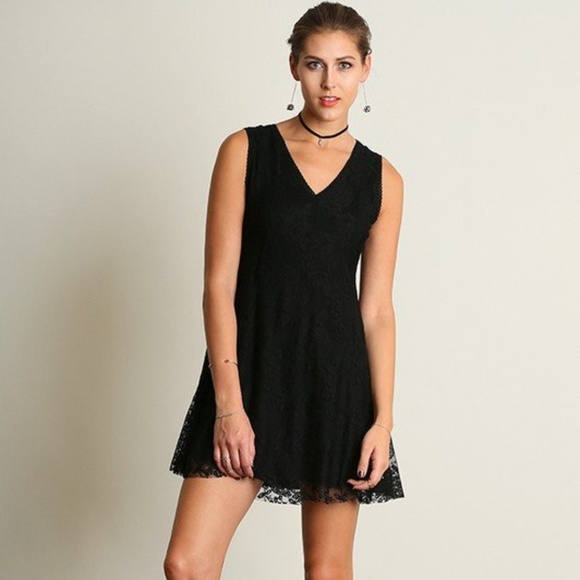 Umgee Stretchy LBD Black Dress Lace Sheer Back - Picture 2 of 4